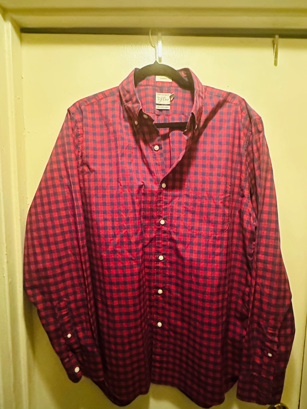 J. Crew Men's Red and Navy Check Button-Down Shirt